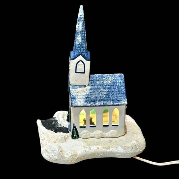 Vintage Christmas Village Snowy Church Chapel 2 Piece Lighted Blue White 11.5" - Picture 8 of 12